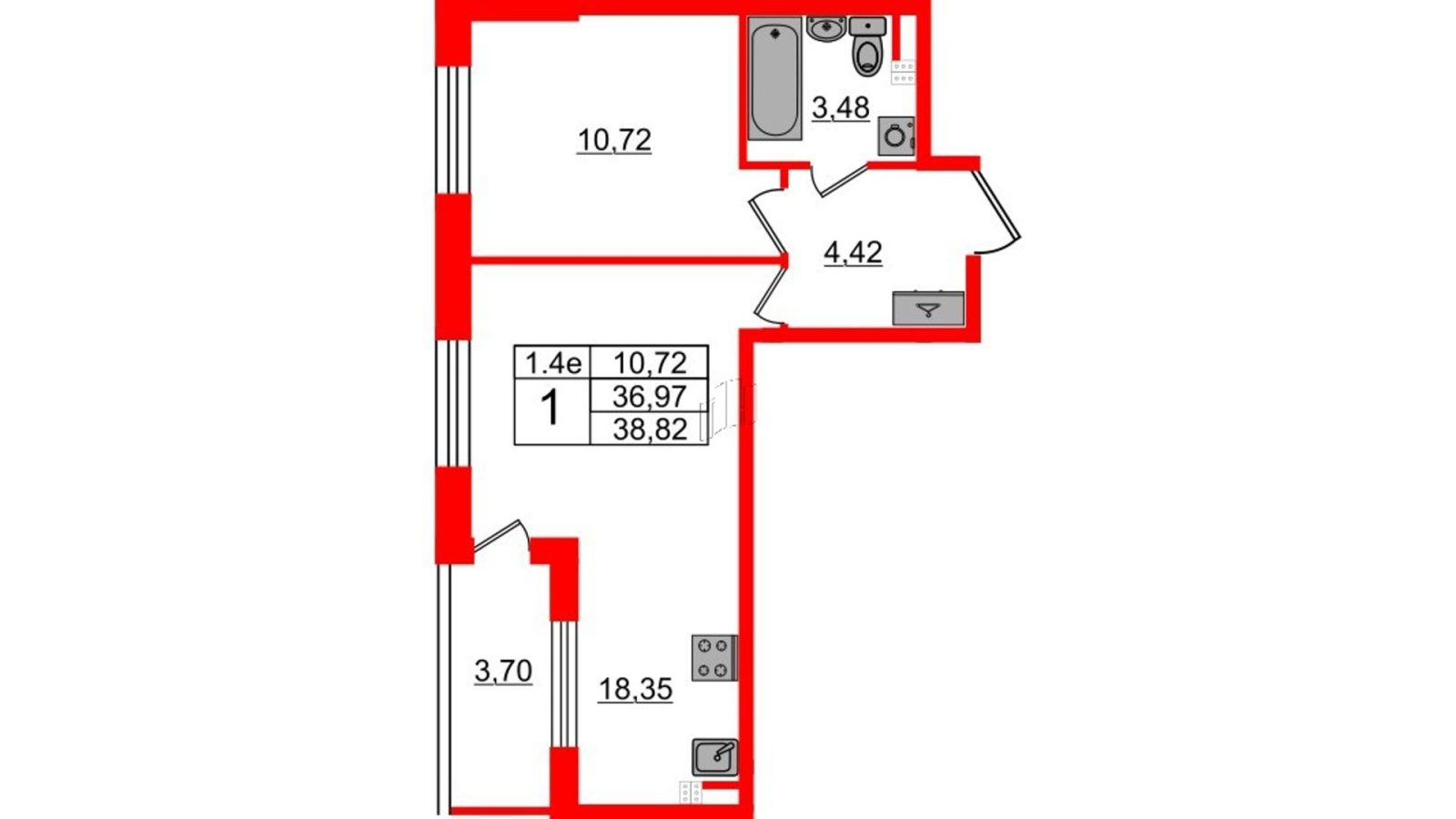Планировка: 1-комнатная квартира, 36,2 м²