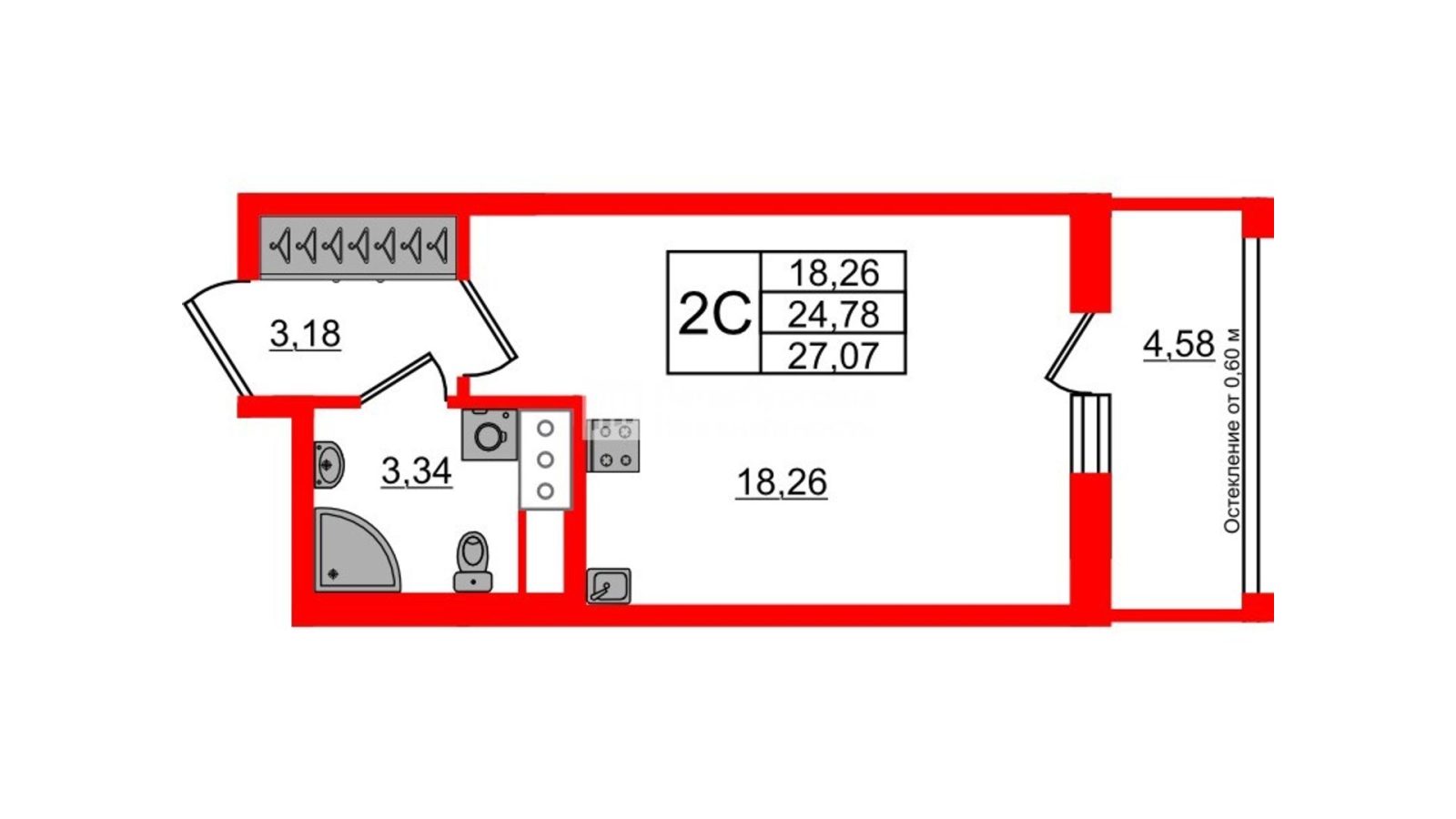 Планировка: студия, 24,8 м²