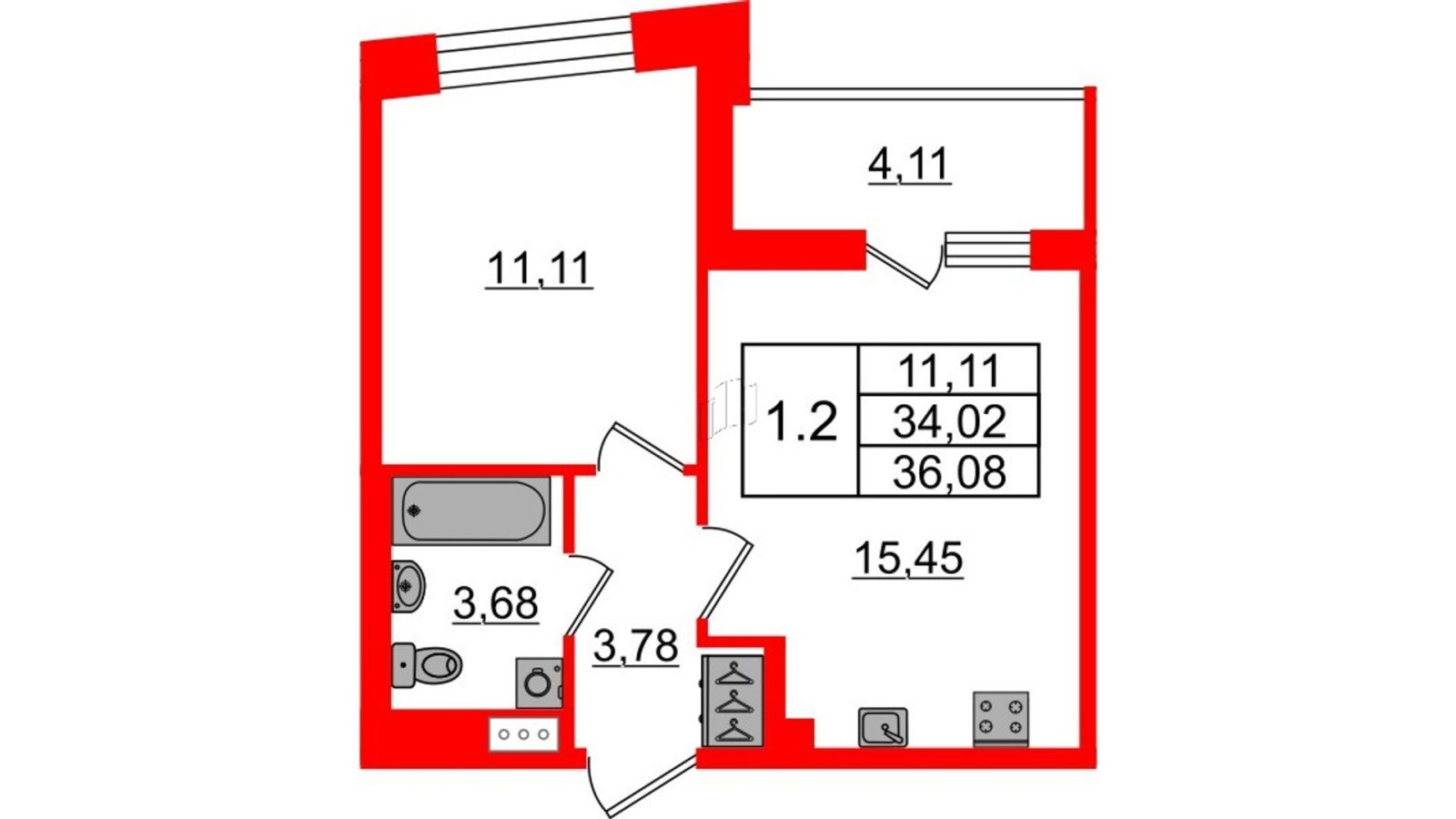 Планировка: 1-комнатная квартира, 34,0 м²