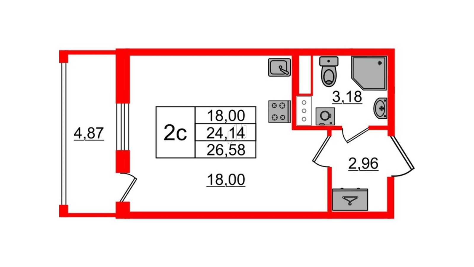 Планировка: студия, 24,1 м²