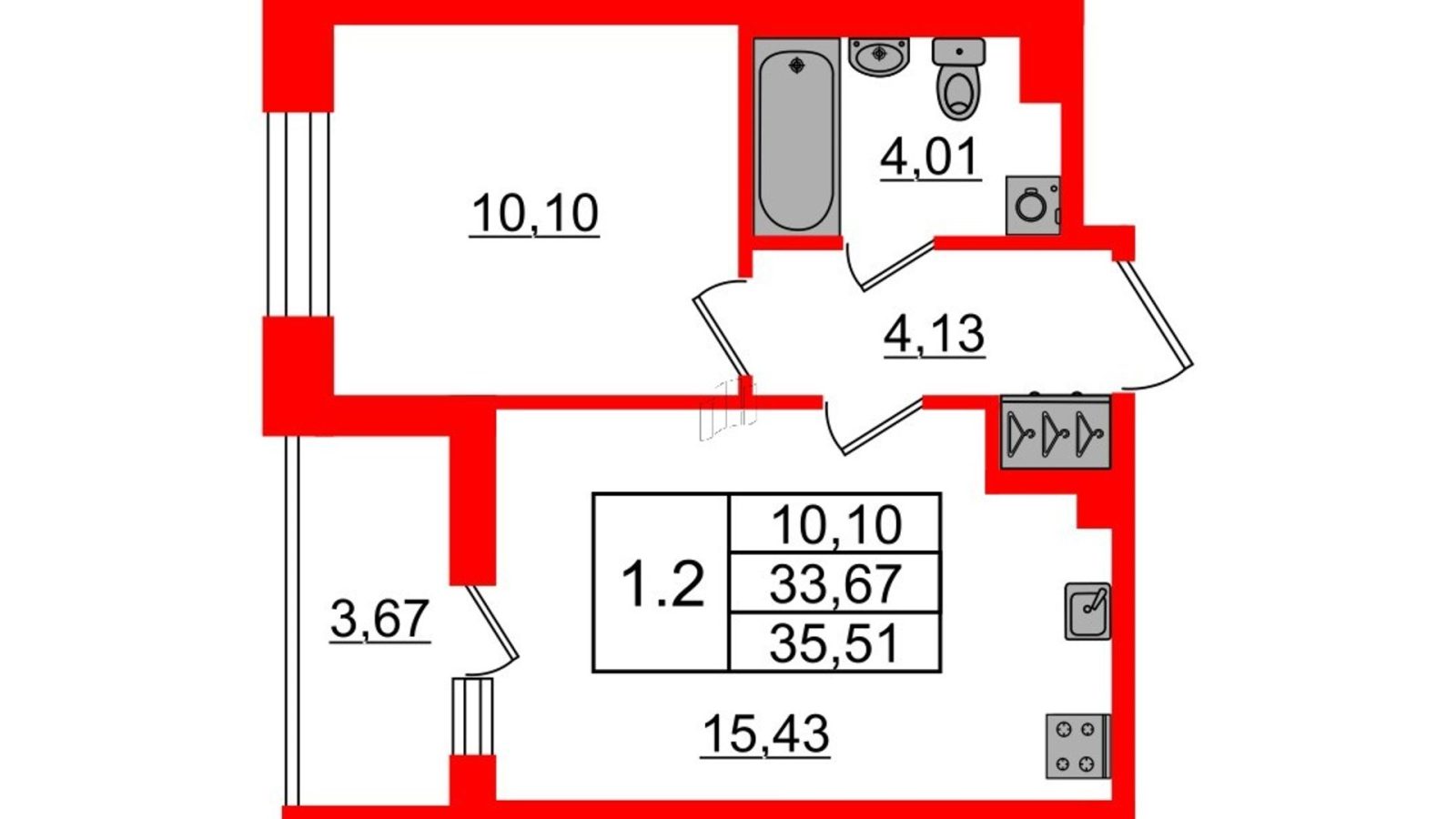 Планировка: 1-комнатная квартира, 33,7 м²