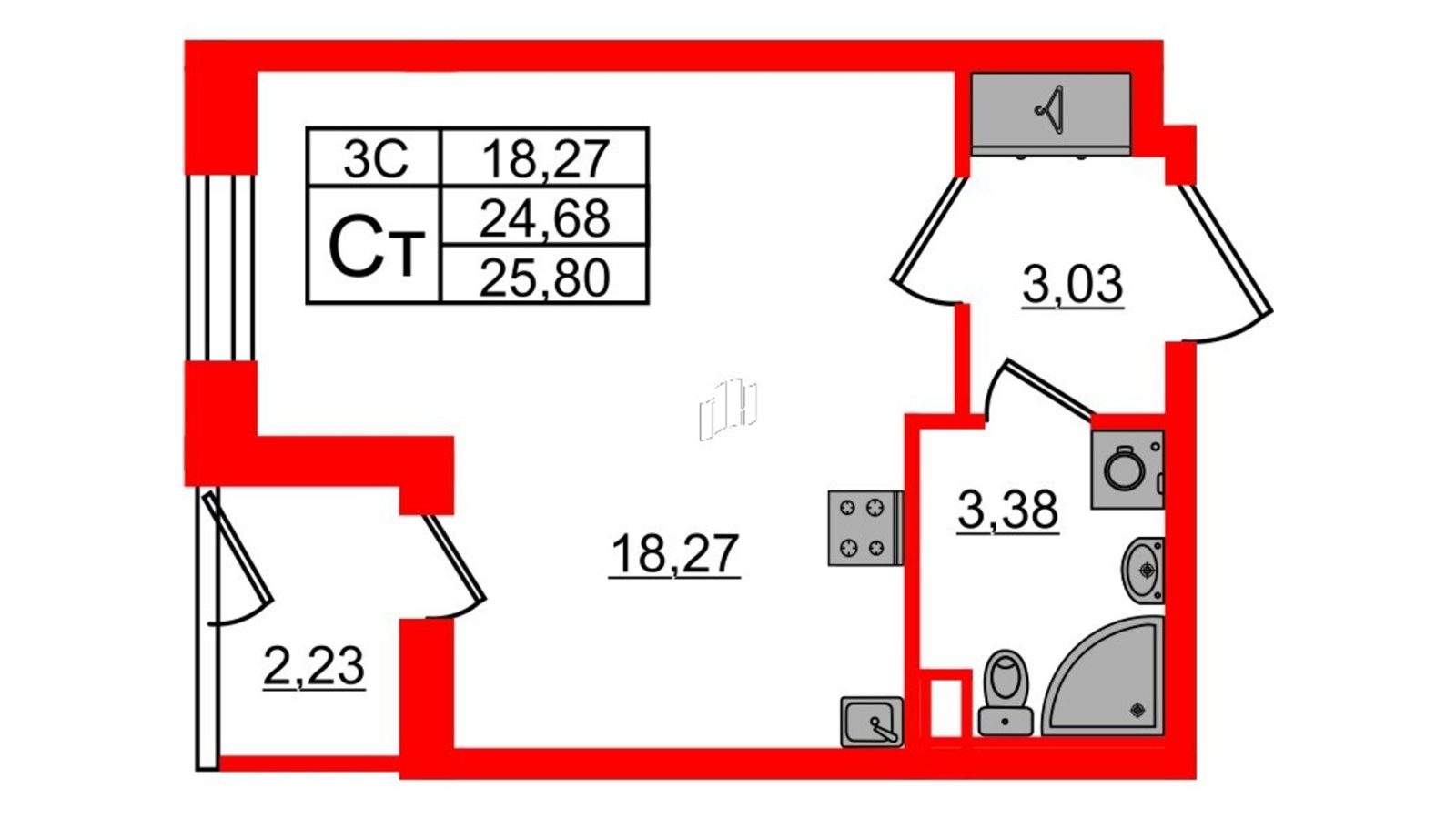Планировка: студия, 24,7 м²