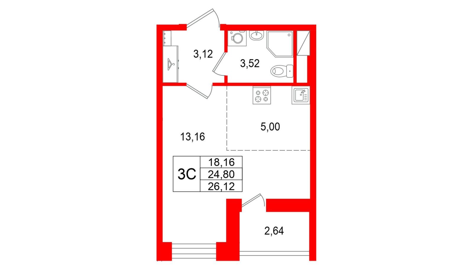 Планировка: студия, 24,8 м²