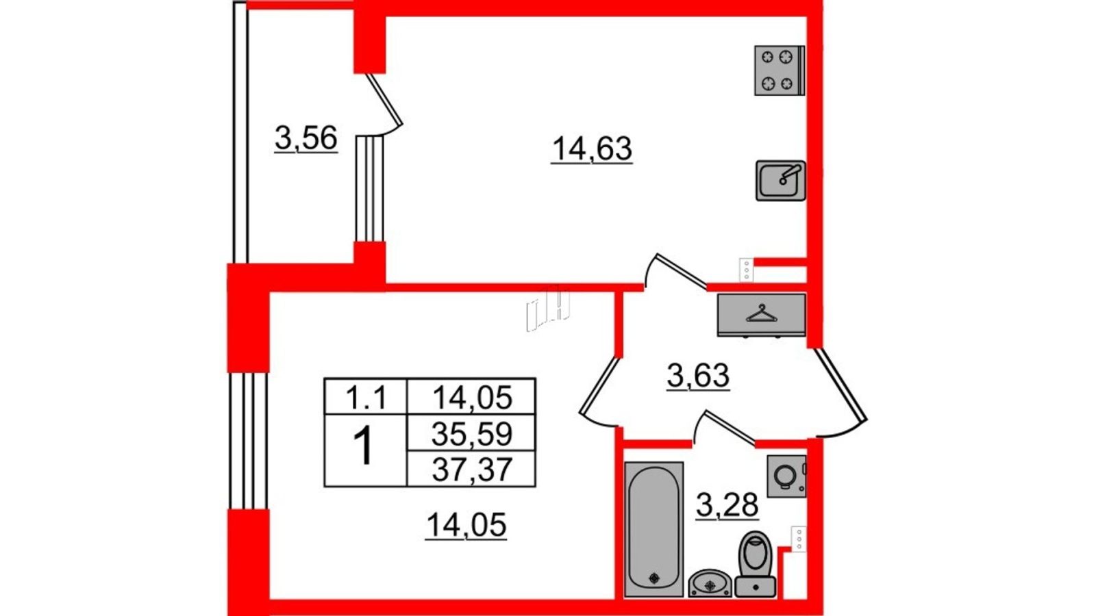 Планировка: 1-комнатная квартира, 35,0 м²