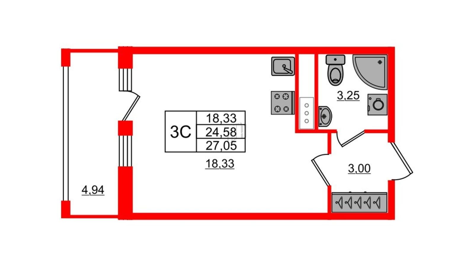 Планировка: студия, 24,4 м²