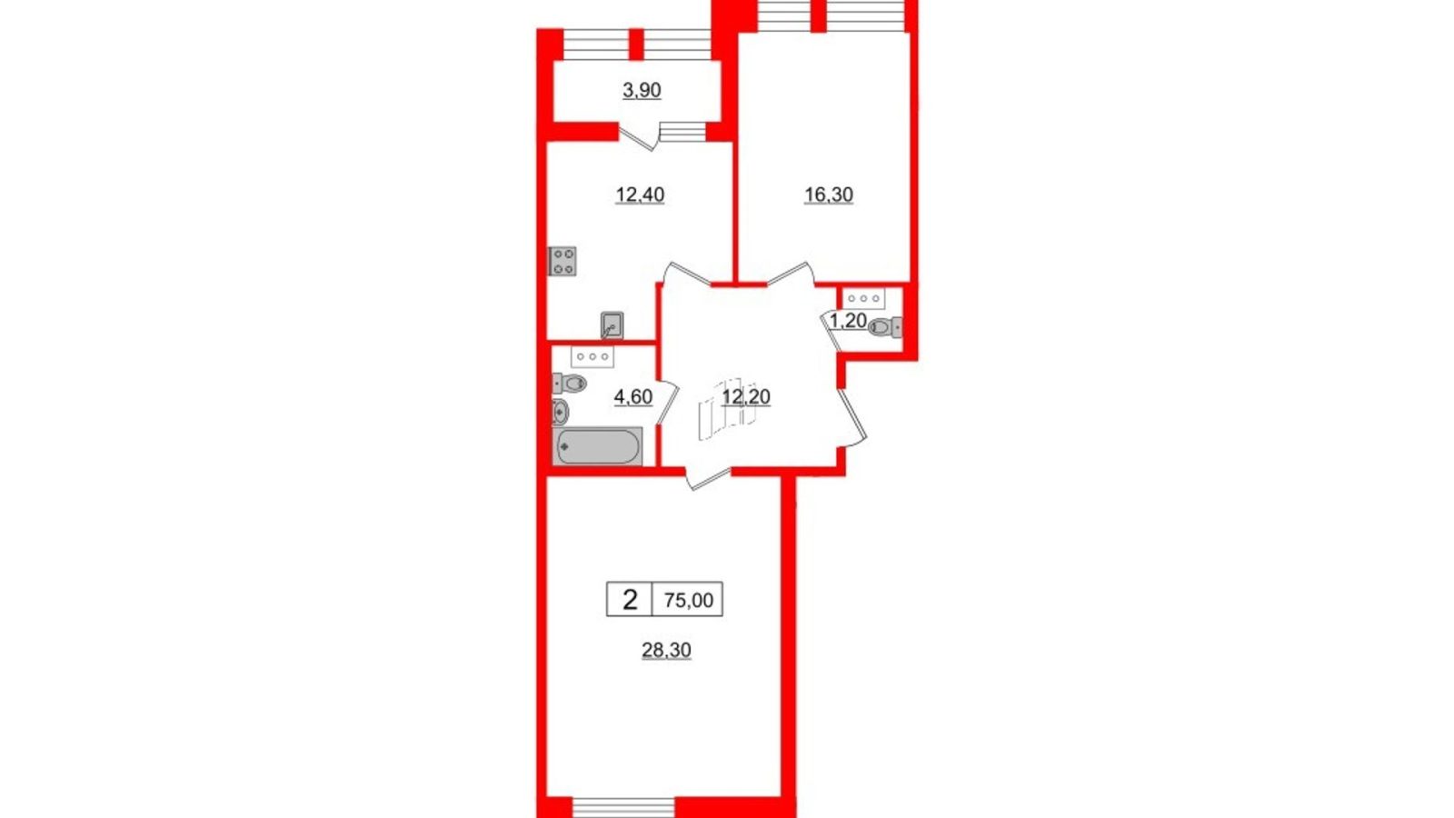 Планировка: 2-комнатная квартира, 75,0 м²