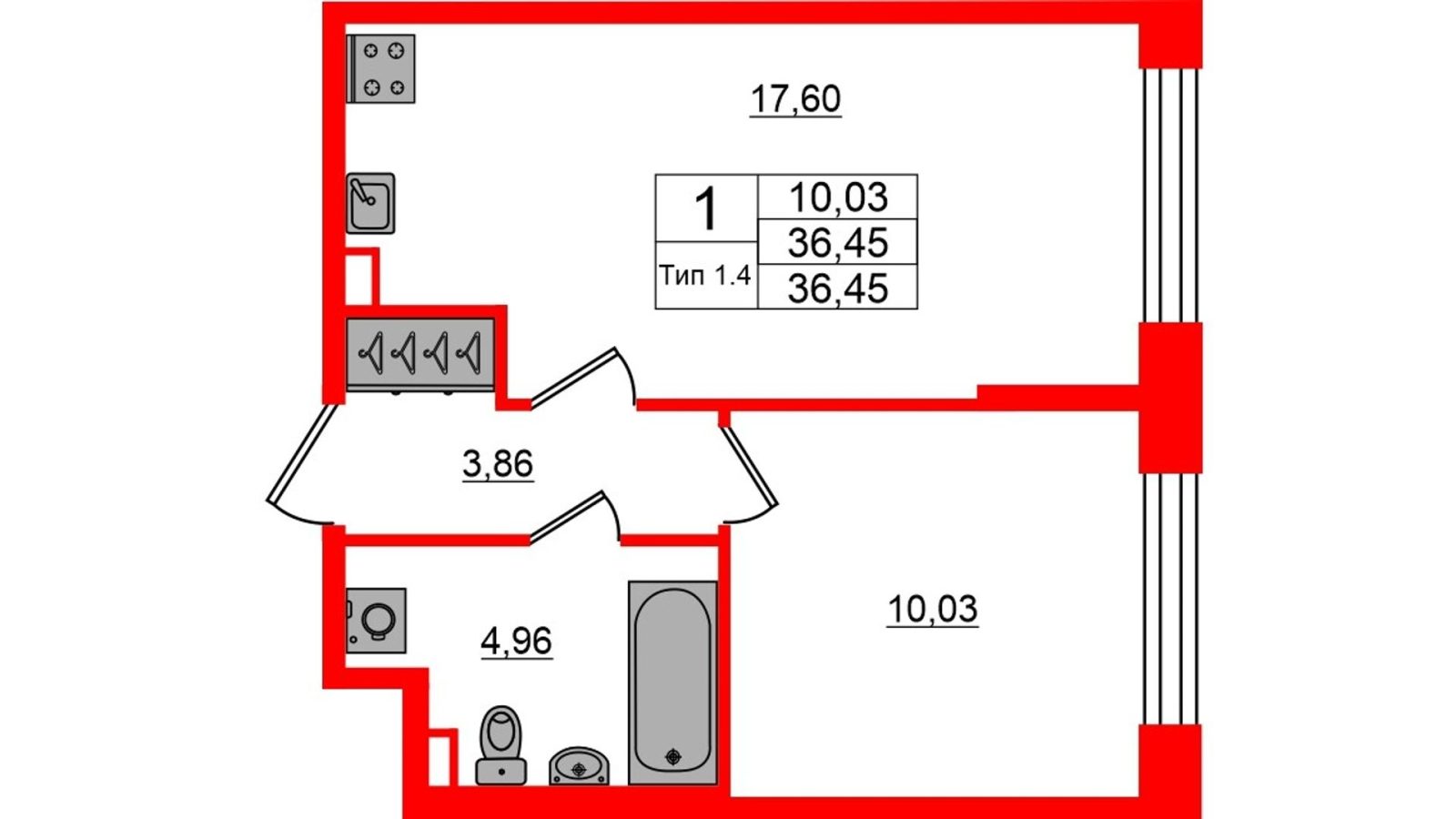 Планировка: 1-комнатная квартира, 36,5 м²