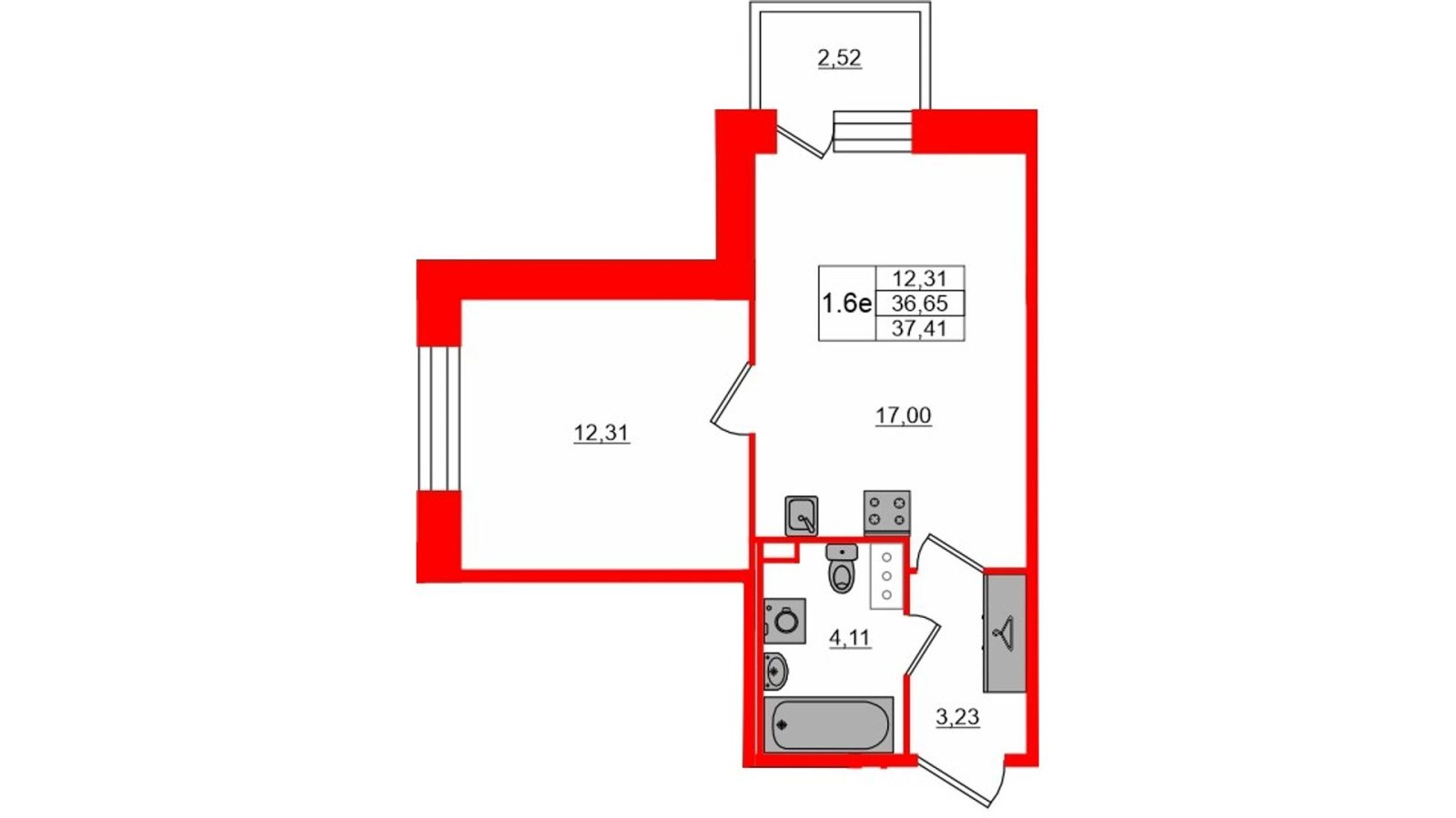 Планировка: 1-комнатная квартира, 36,7 м²