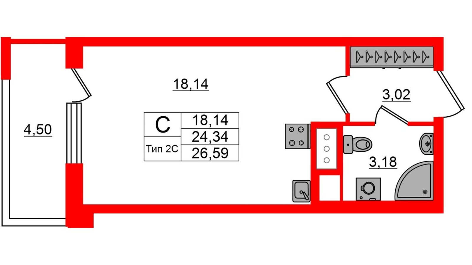 Планировка: студия, 24,3 м²