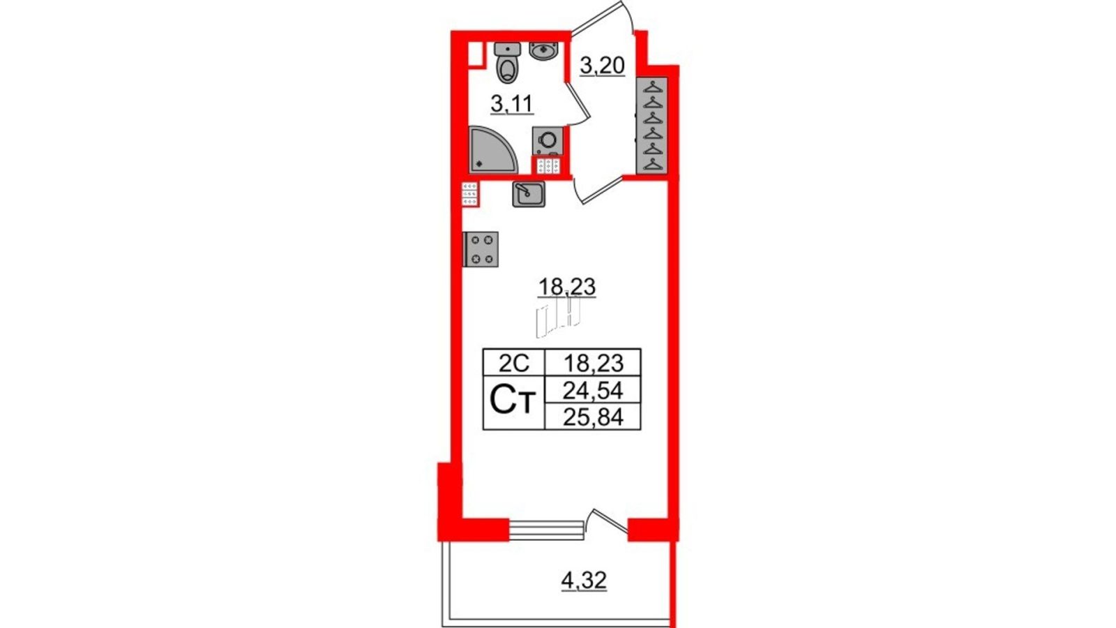 Планировка: студия, 24,5 м²