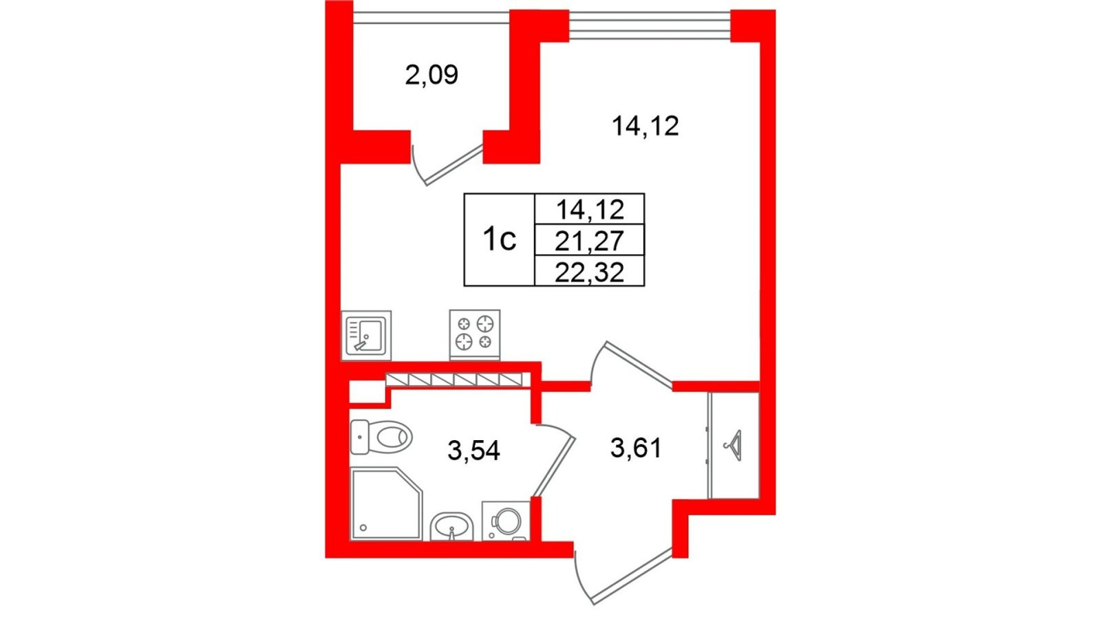Планировка: студия, 21,3 м²