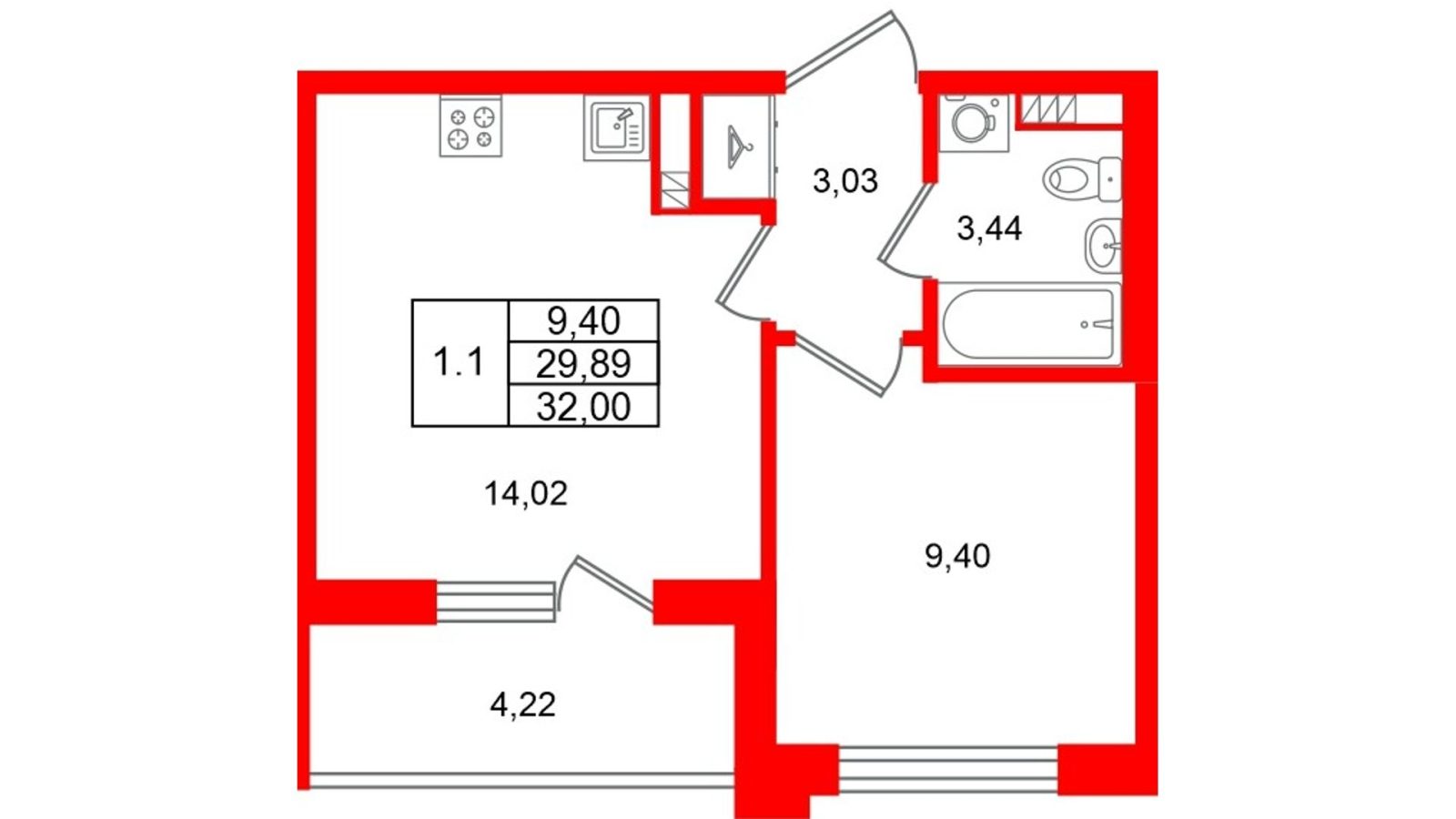 Планировка: 1-комнатная квартира, 29,9 м²