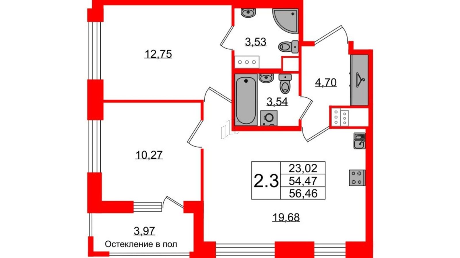 Планировка: 2-комнатная квартира, 54,5 м²
