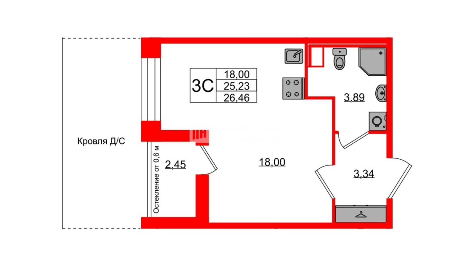 Планировка: студия, 25,2 м²