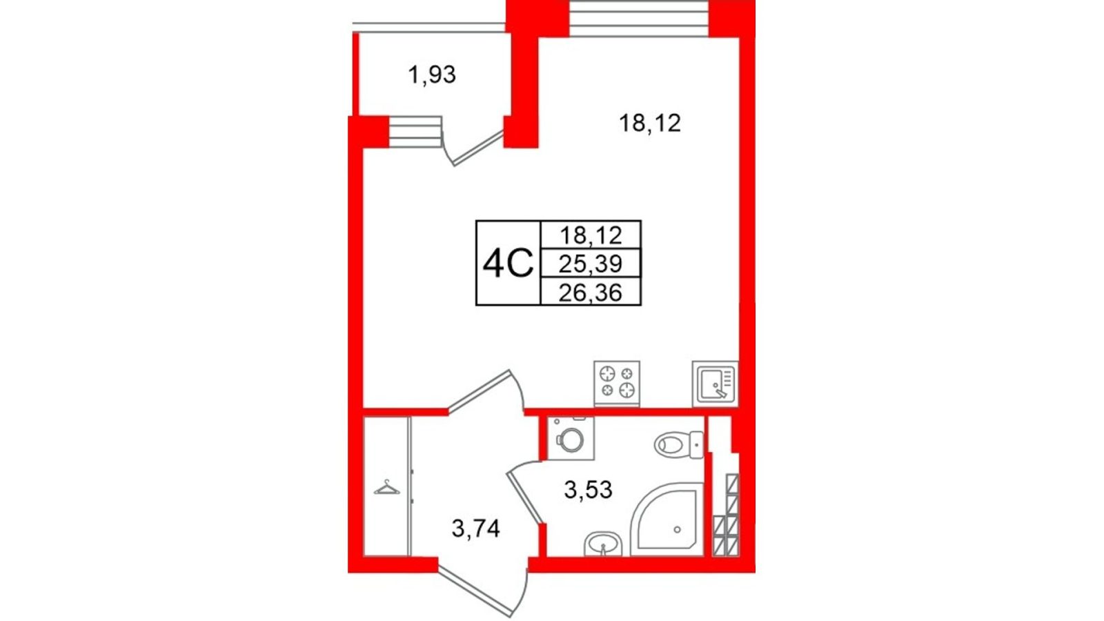 Планировка: студия, 25,4 м²