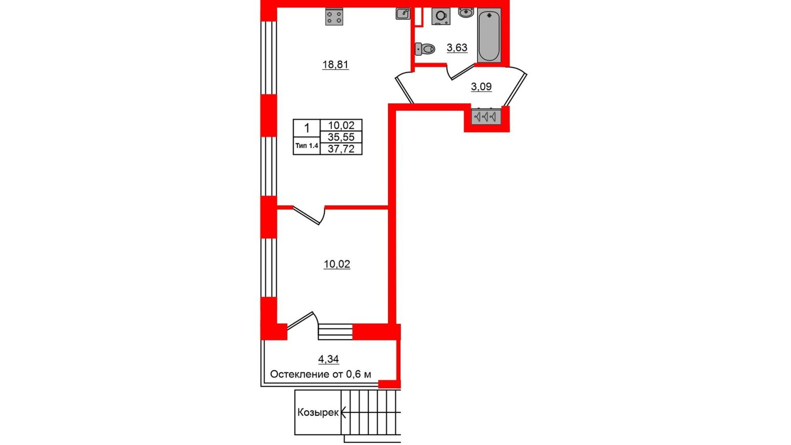 Планировка: 1-комнатная квартира, 35,6 м²