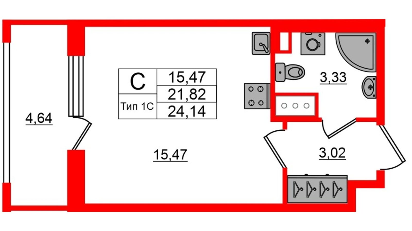 Планировка: студия, 21,8 м²