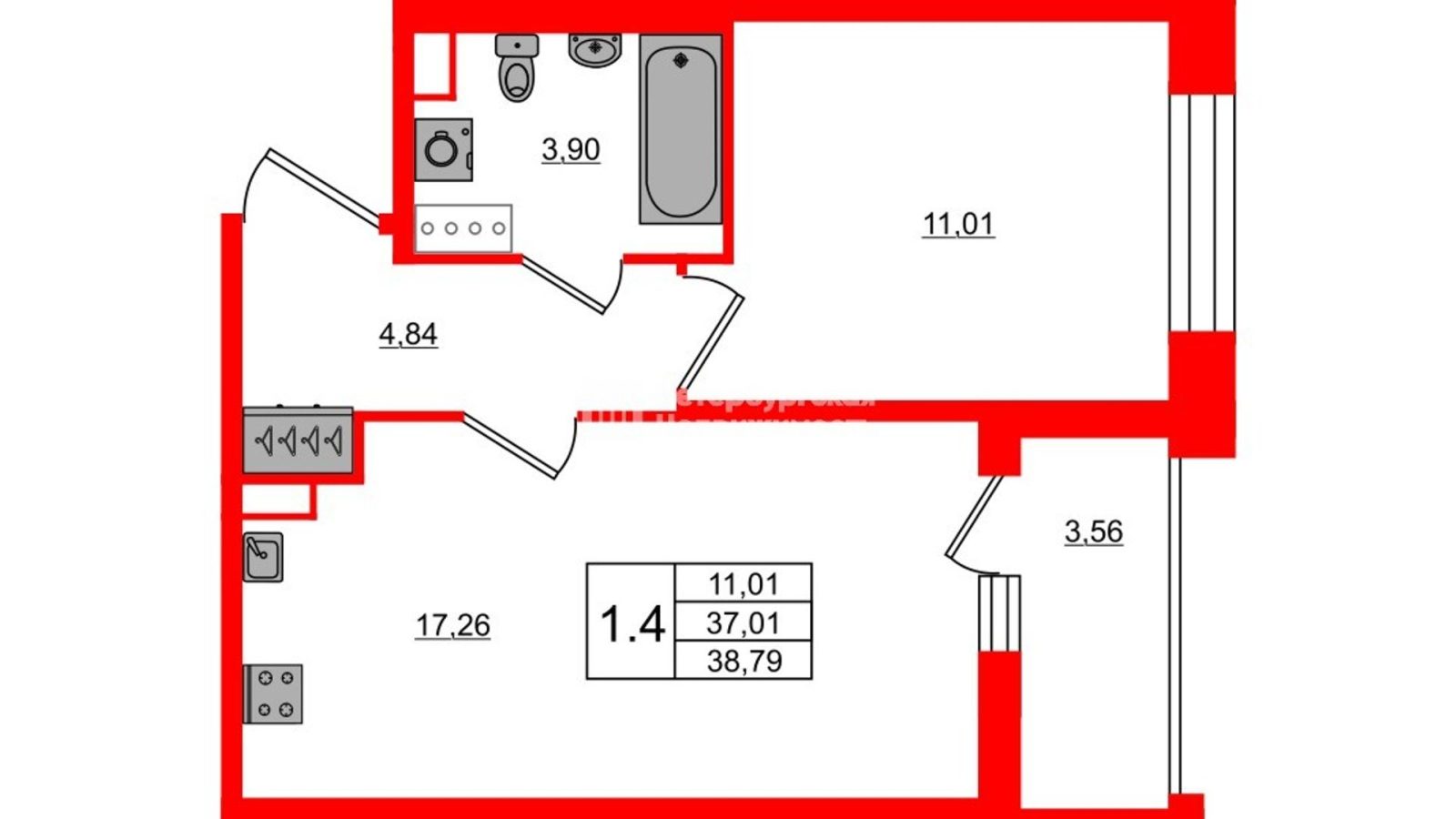 Планировка: 1-комнатная квартира, 37,0 м²