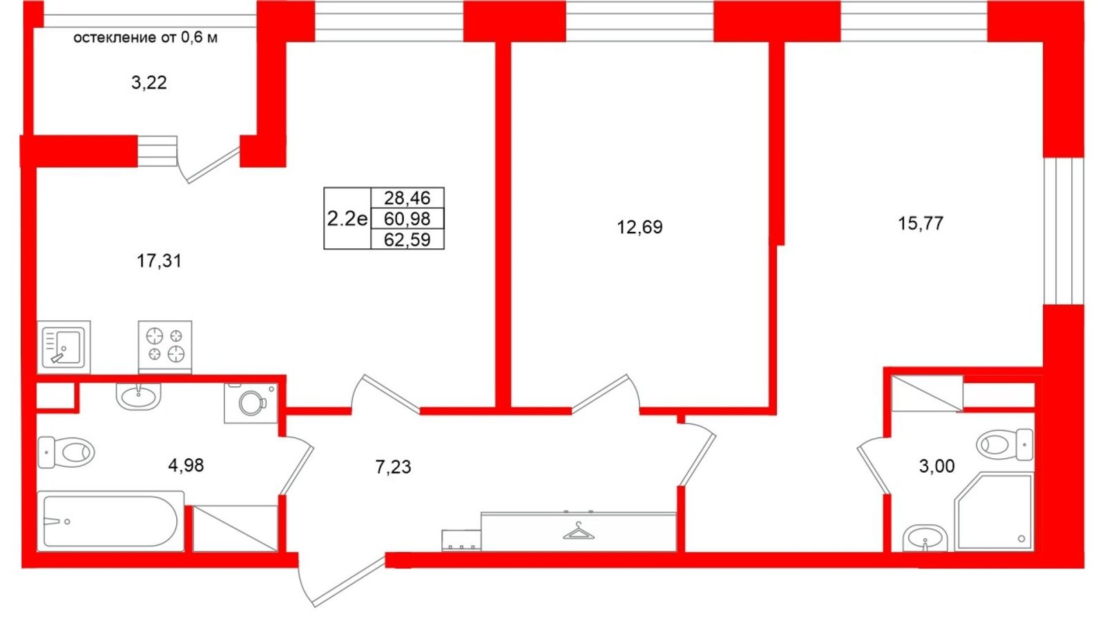 Планировка: 2-комнатная квартира, 61,0 м²