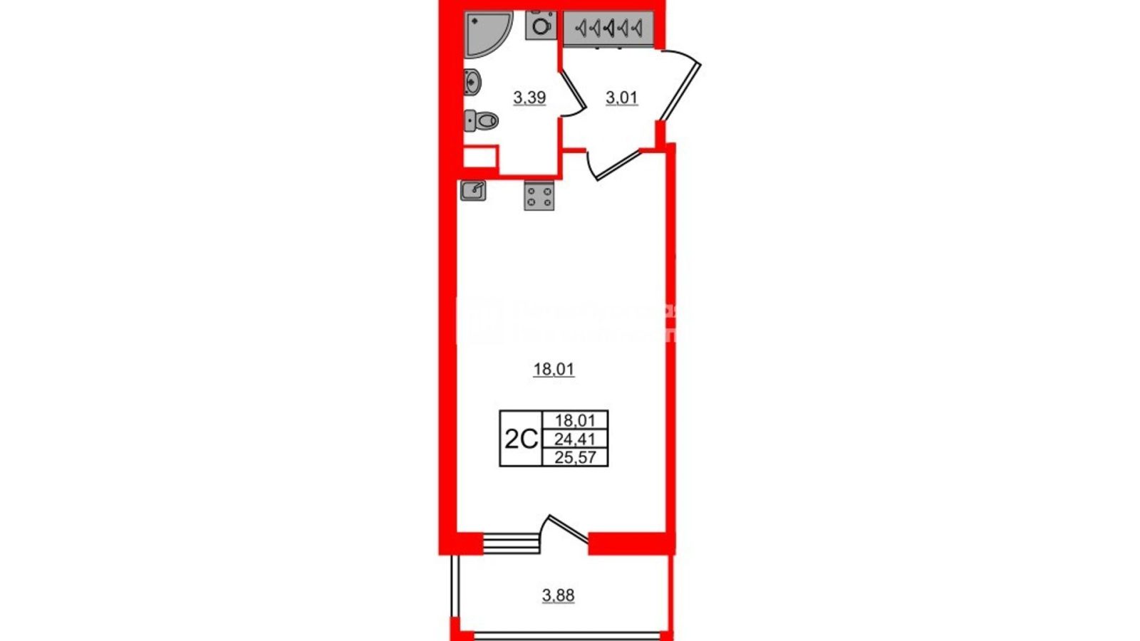 Планировка: студия, 24,4 м²