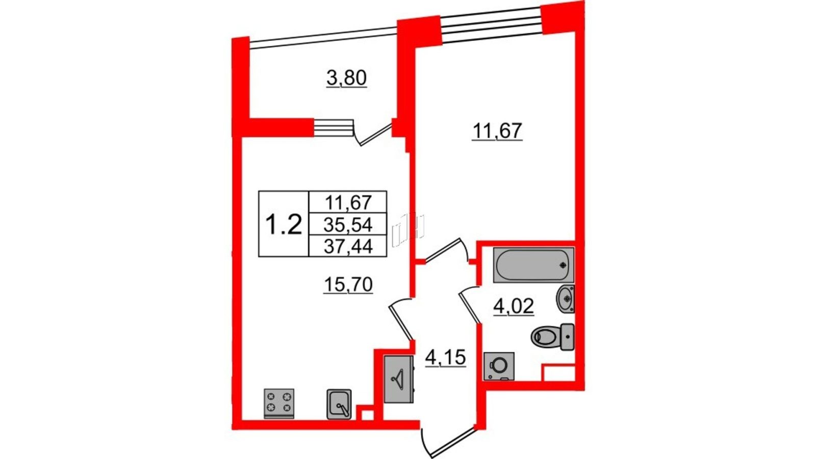Планировка: 1-комнатная квартира, 35,5 м²