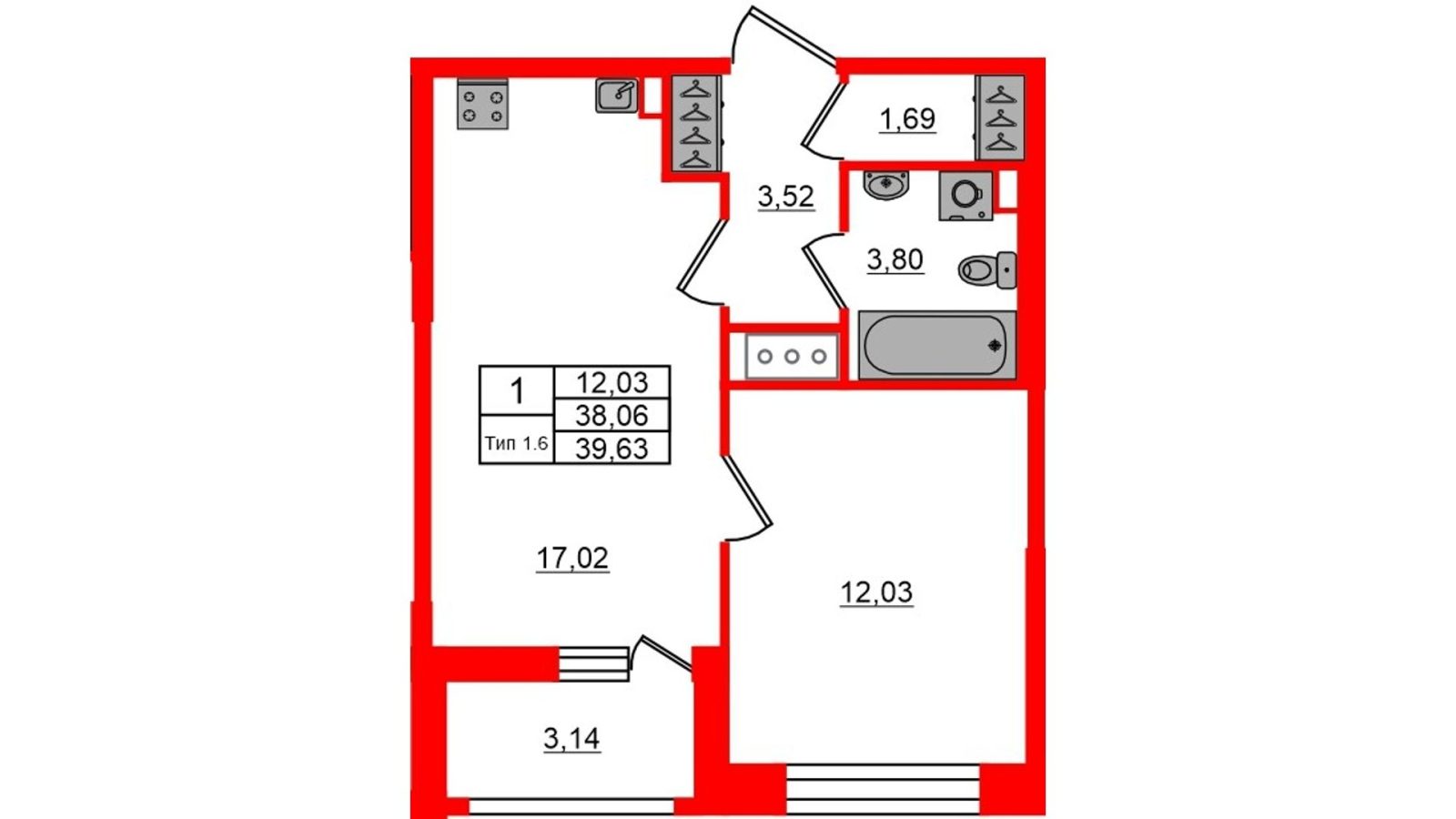 Планировка: 1-комнатная квартира, 38,1 м²