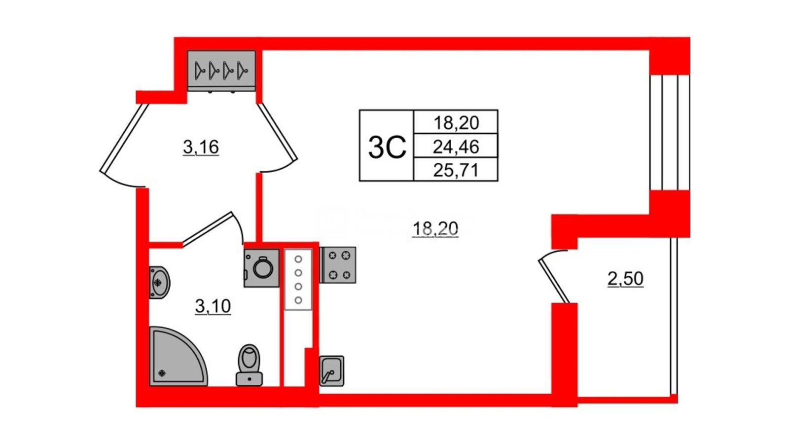 Планировка: студия, 24,5 м²