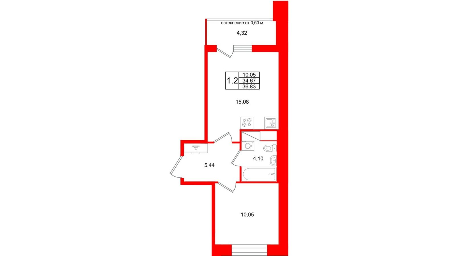 Планировка: 1-комнатная квартира, 34,7 м²