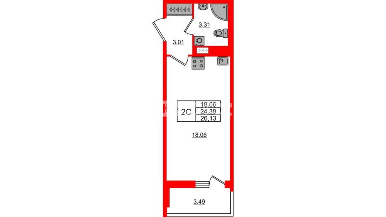 Планировка: студия, 24,4 м²
