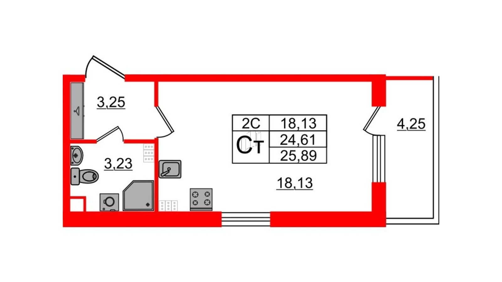 Планировка: студия, 24,2 м²