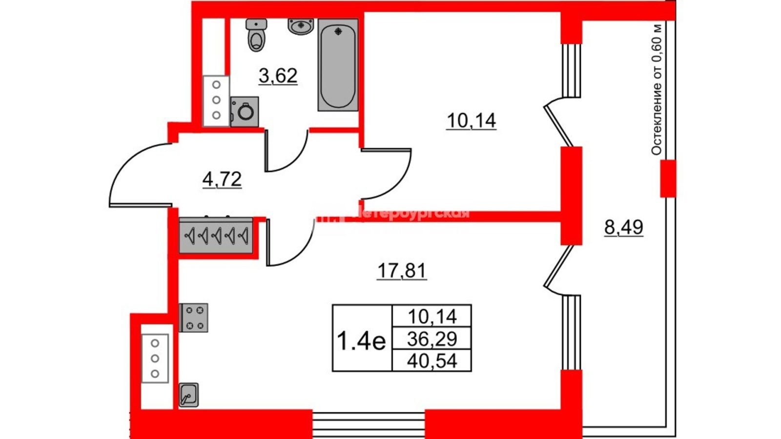Планировка: 1-комнатная квартира, 36,3 м²
