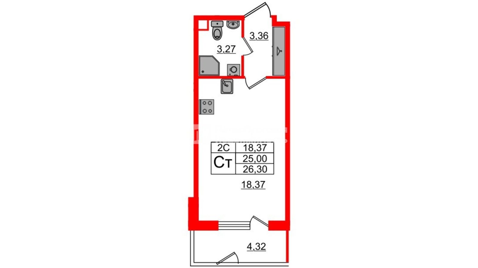 Планировка: студия, 24,5 м²