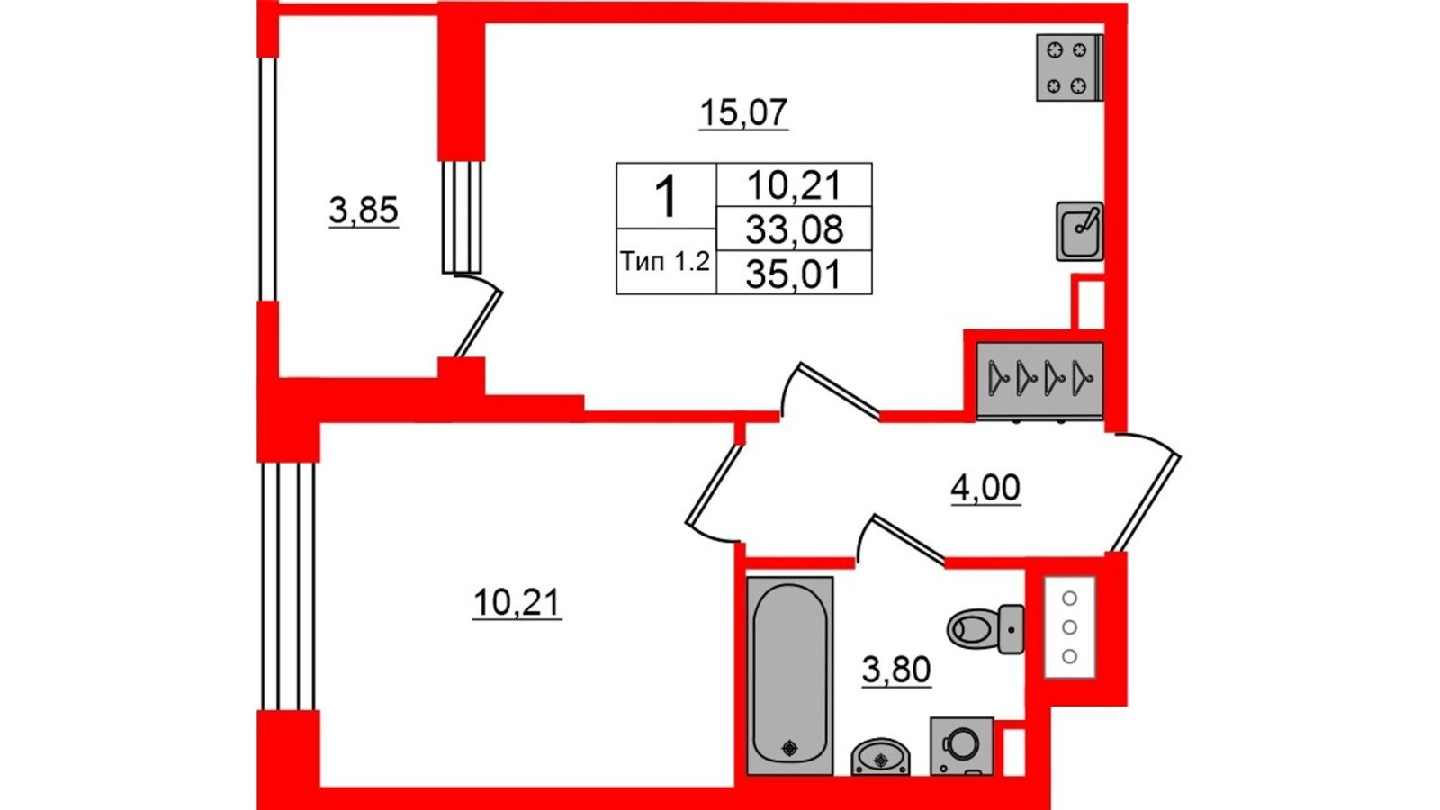 Планировка: 1-комнатная квартира, 33,1 м²