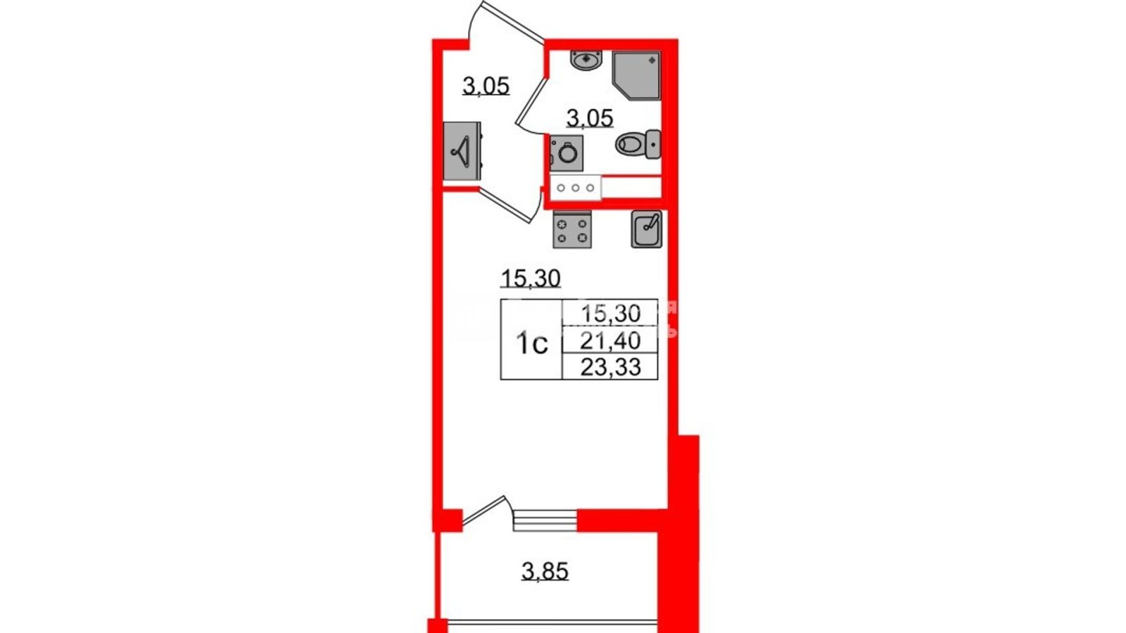 Планировка: студия, 21,4 м²