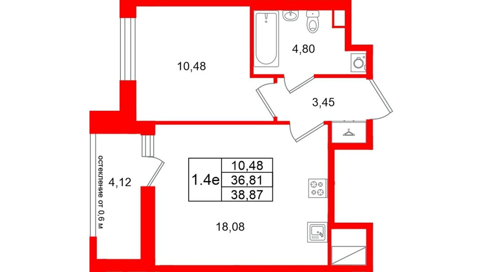 Планировка: 1-комнатная квартира, 36,8 м²