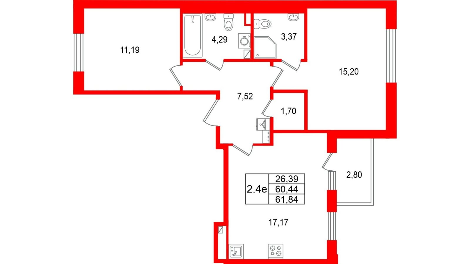 Планировка: 2-комнатная квартира, 60,4 м²
