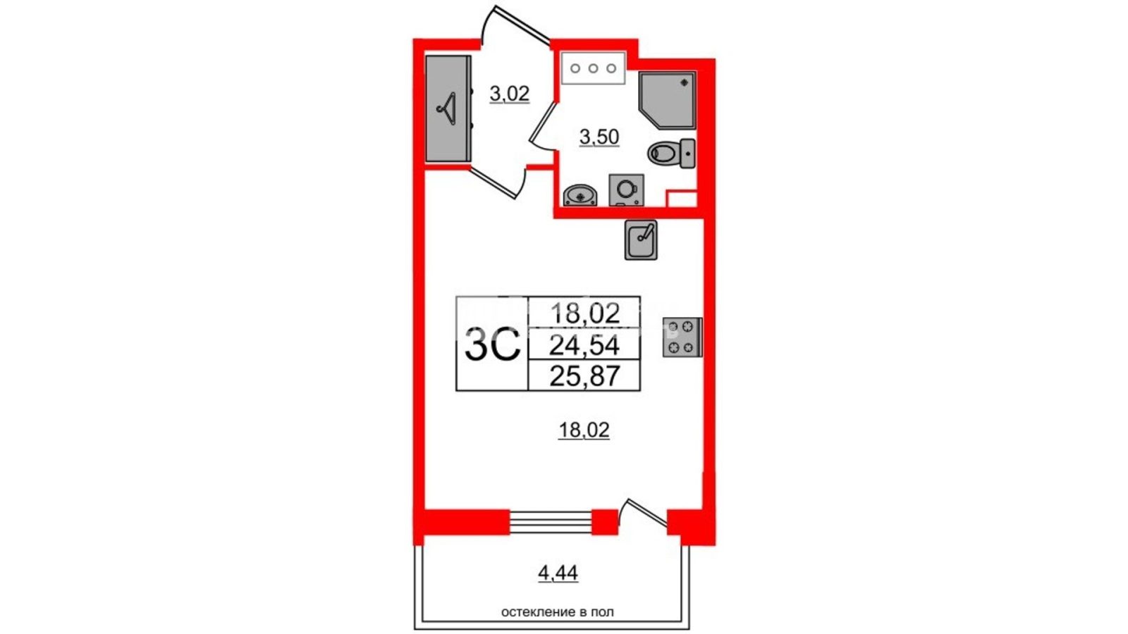 Планировка: студия, 24,5 м²