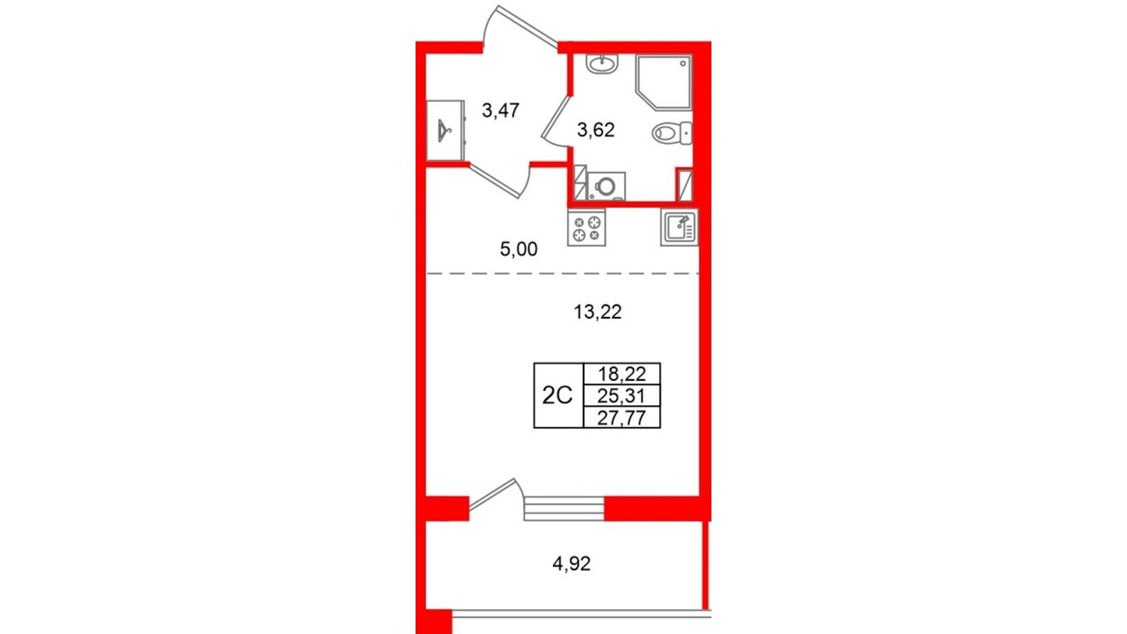 Планировка: студия, 25,3 м²