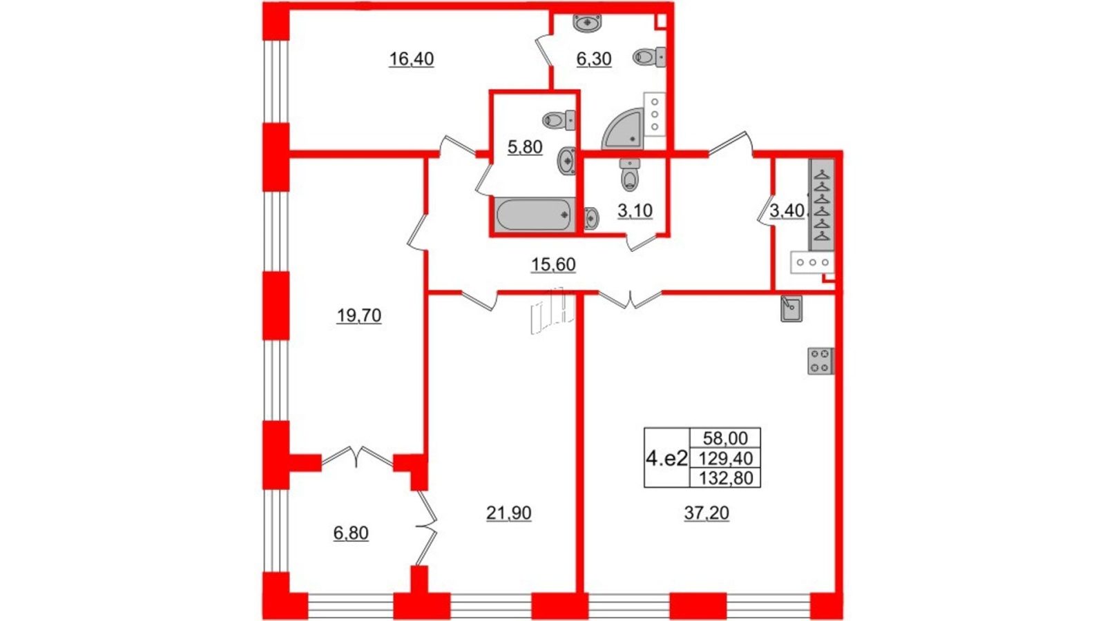 Планировка: 3-комнатная квартира, 129,4 м²