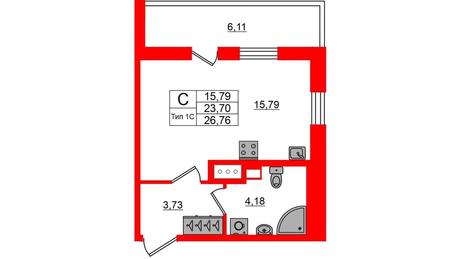 Планировка: студия, 23,7 м²