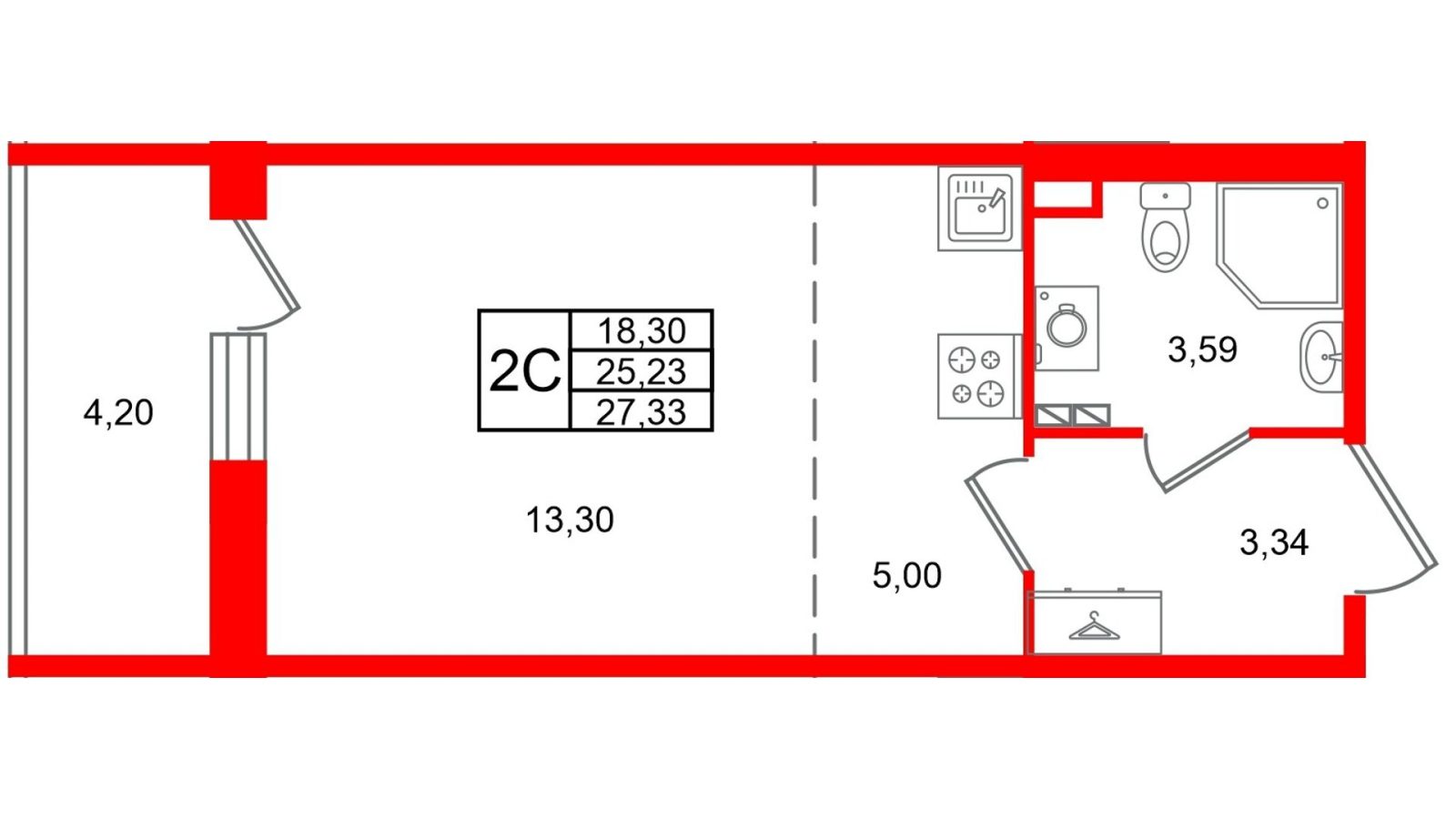 Планировка: студия, 25,2 м²