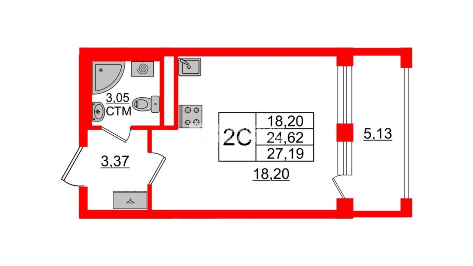 Планировка: студия, 24,6 м²