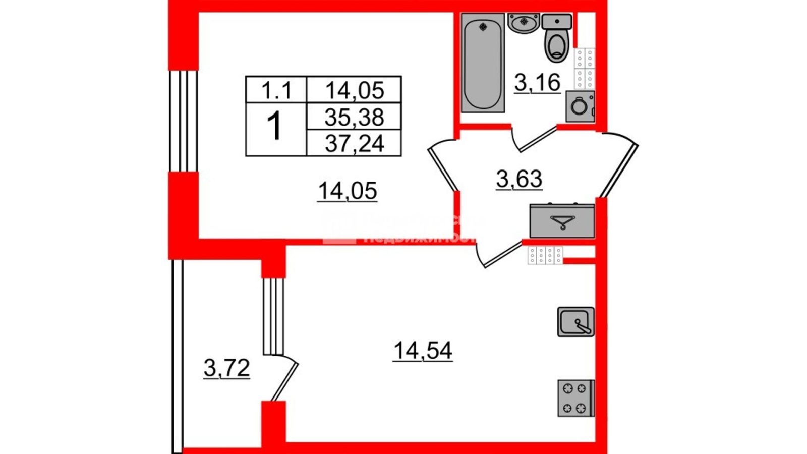 Планировка: 1-комнатная квартира, 34,6 м²