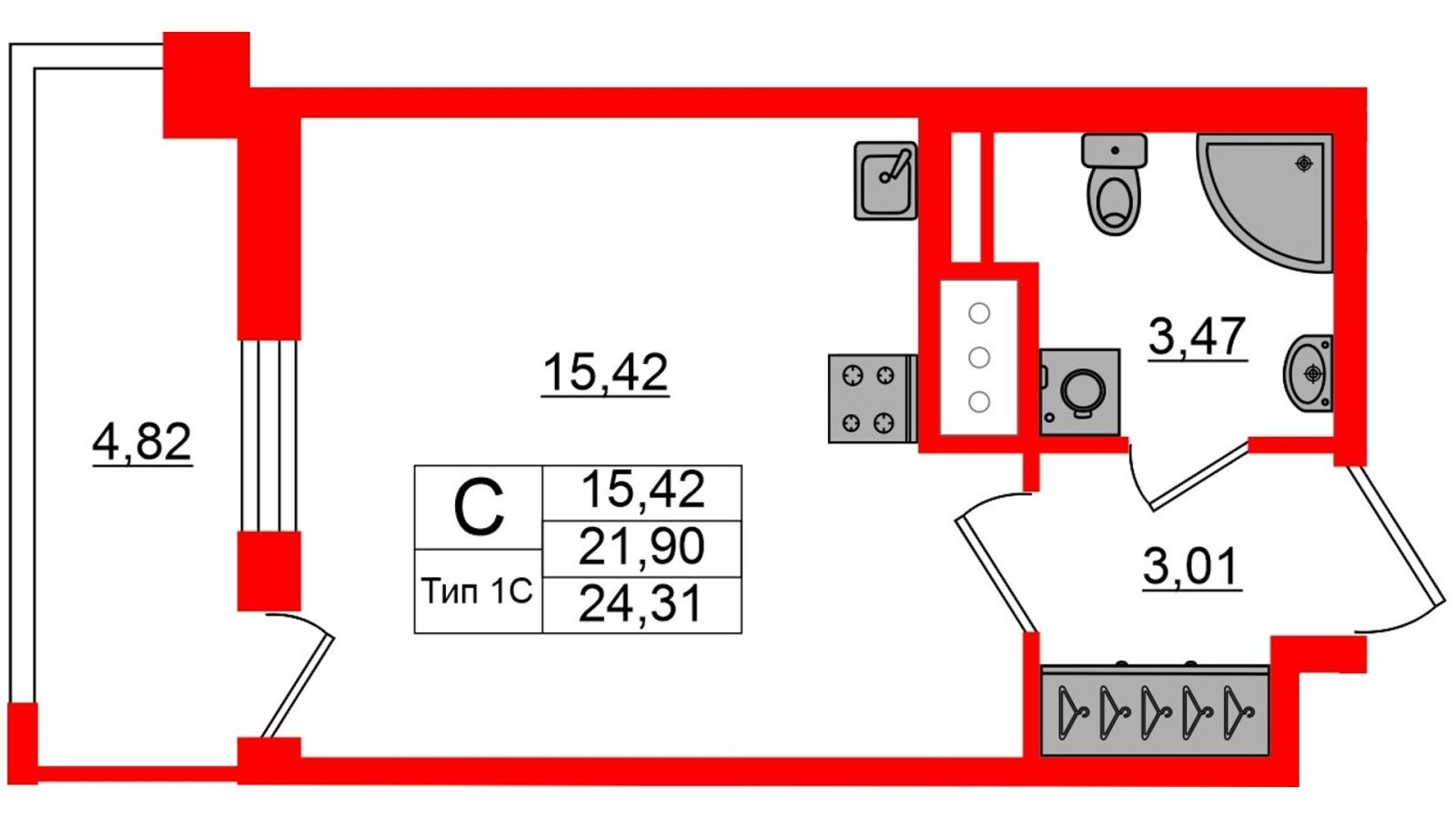 Планировка: студия, 21,9 м²