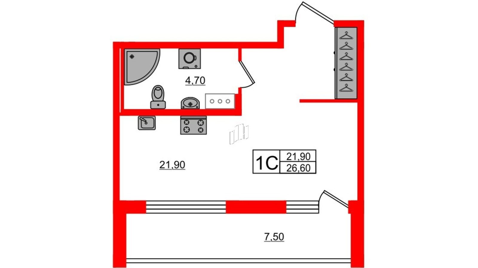 Планировка: студия, 26,6 м²