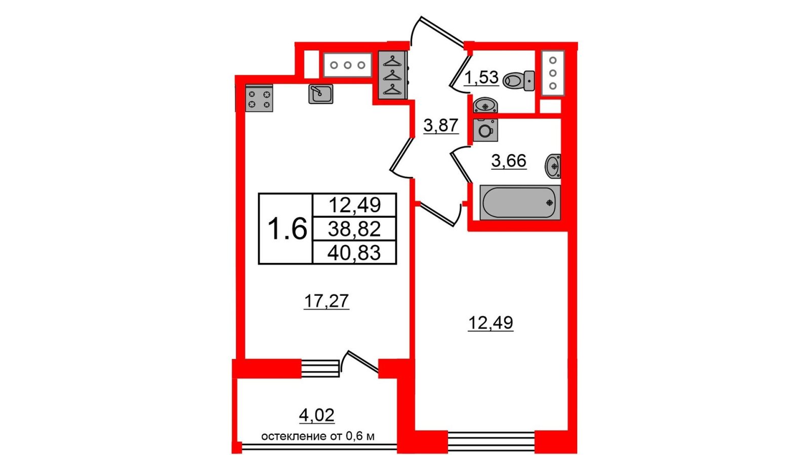 Планировка: 1-комнатная квартира, 38,8 м²