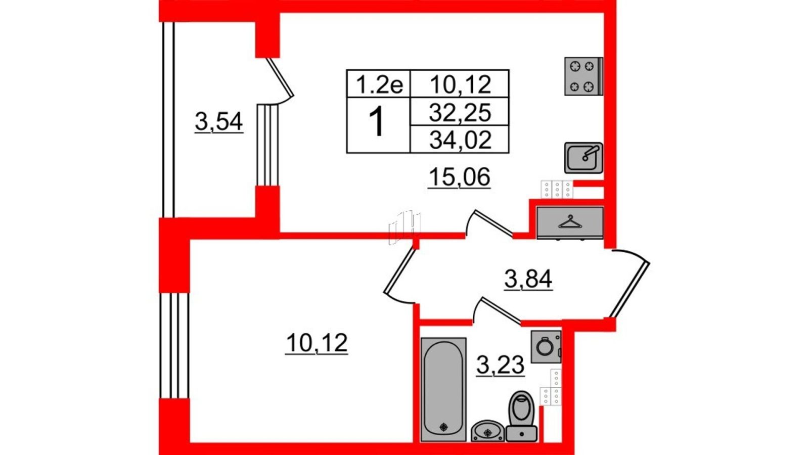 Планировка: 1-комнатная квартира, 31,4 м²