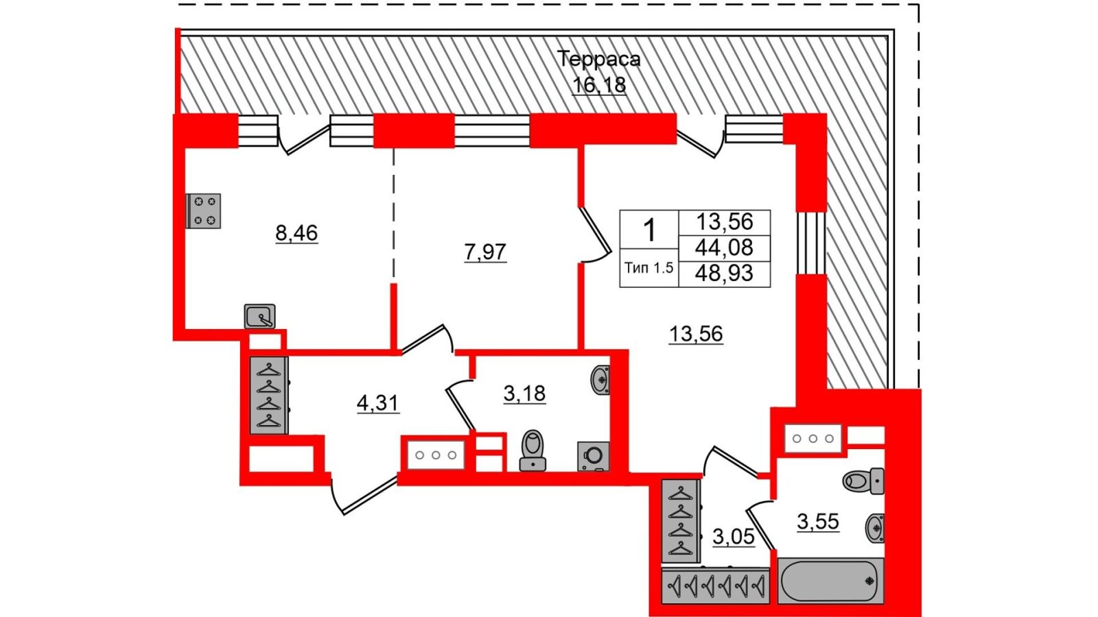 Планировка: 1-комнатная квартира, 44,1 м²