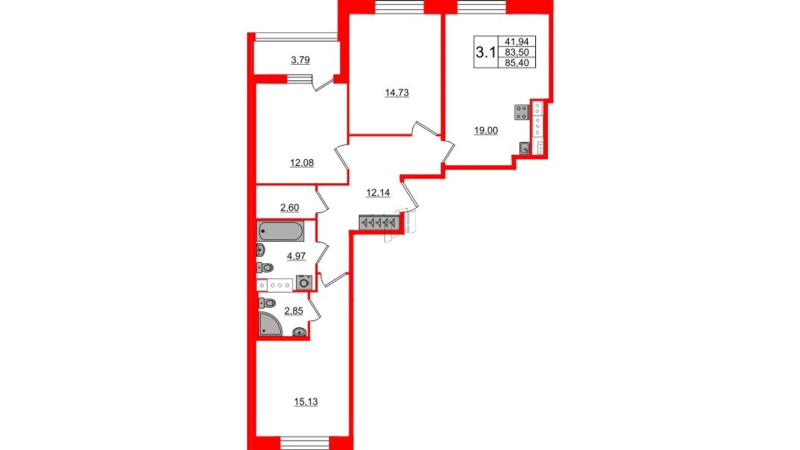 Планировка: 3-комнатная квартира, 81,2 м²