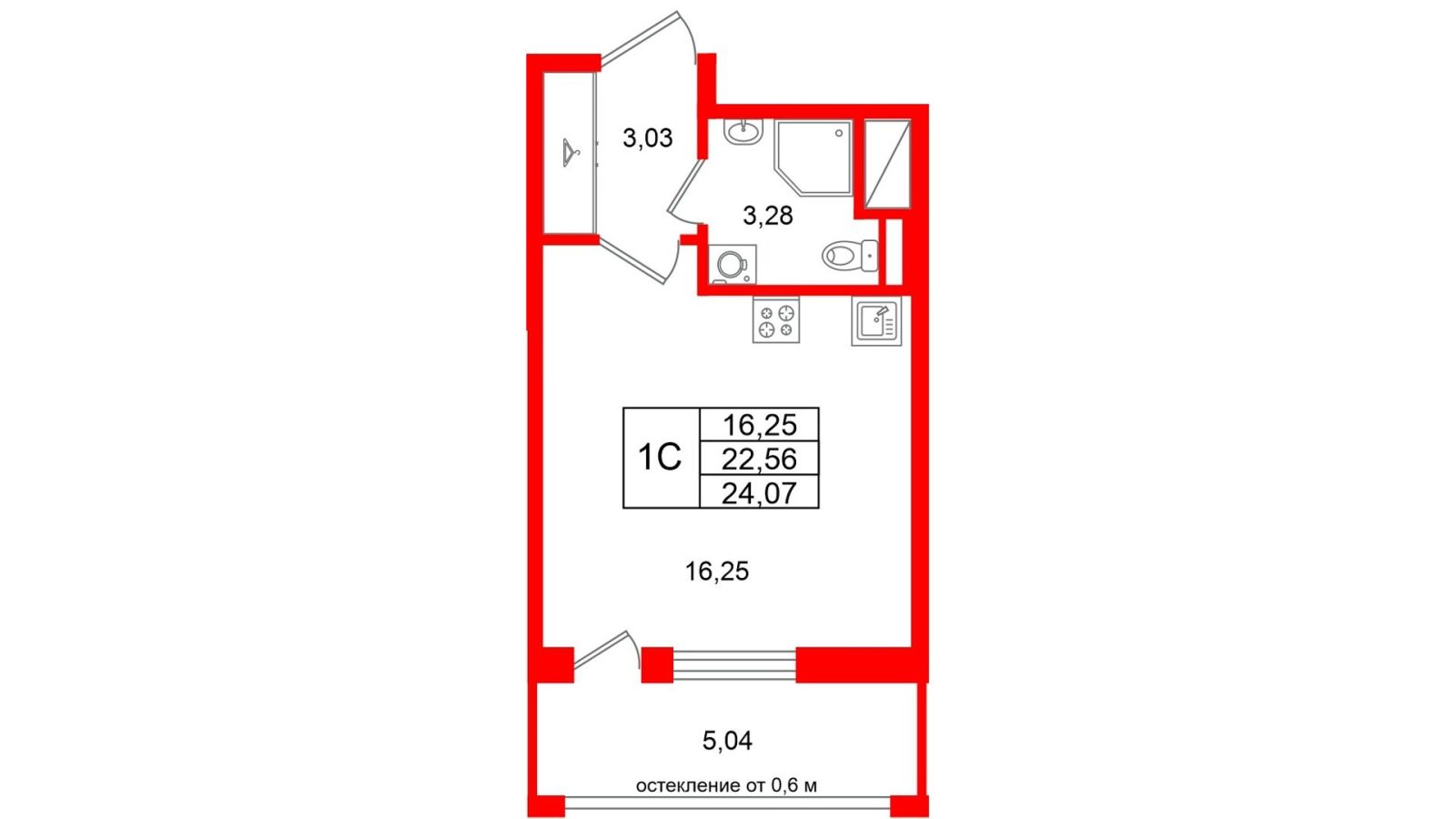 Планировка: студия, 22,6 м²